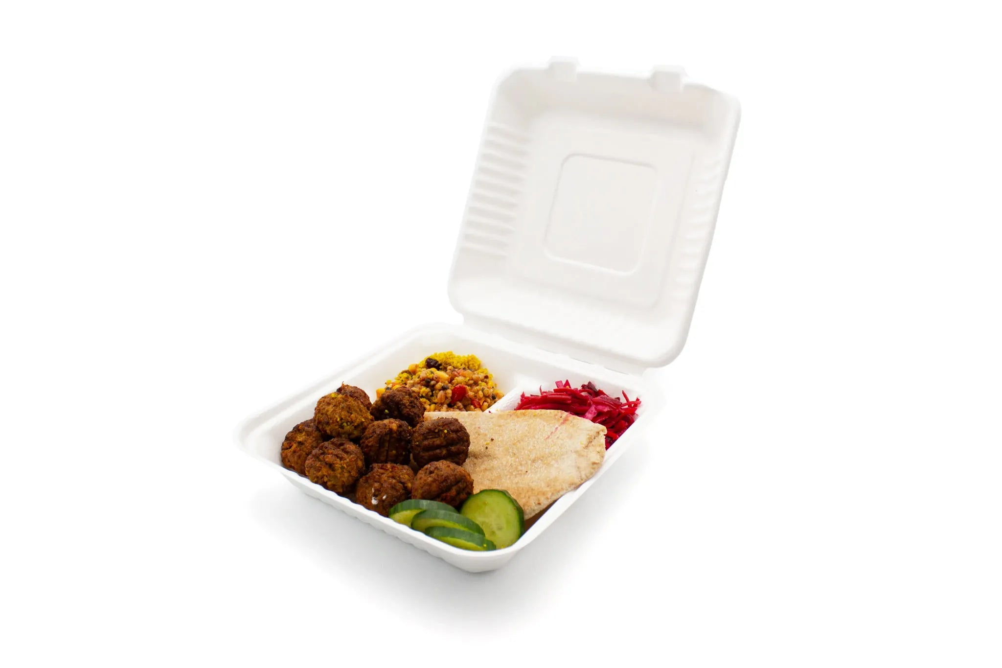 BAGASSE BURGER BOX - 9"X9" THREE COMPARTMENT WHITE