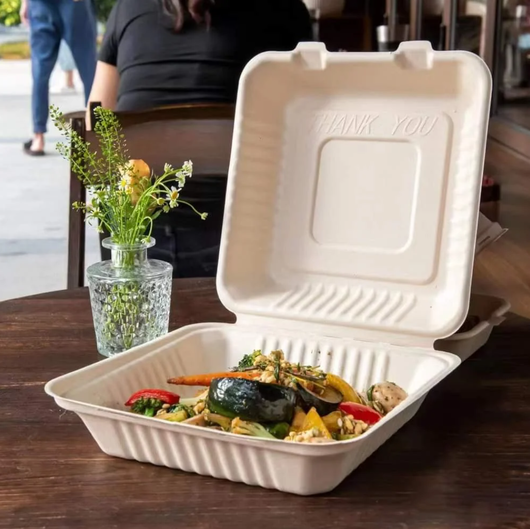 BAGASSE BURGER BOX - 9"X9" ONE COMPARTMENT WHITE