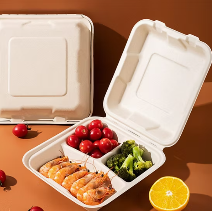 BAGASSE BURGER BOX - 9"X9" THREE COMPARTMENT WHITE